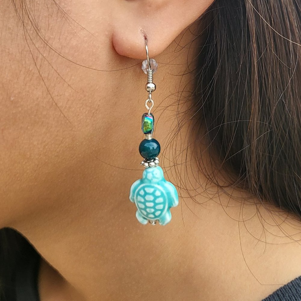 Turquoise Ceramic Turtle Fashion Dangling Earrings Handmade Malak Jewelry